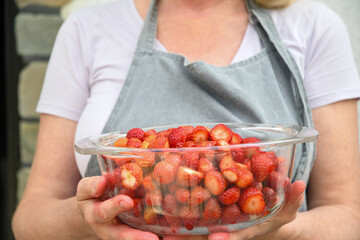 unrecognizable woman in an apron holds large transparent bowl of freshly picked strawberries, stemmed and ready to be made into jam,concept of new harvest of seasonal berries and organic gardening