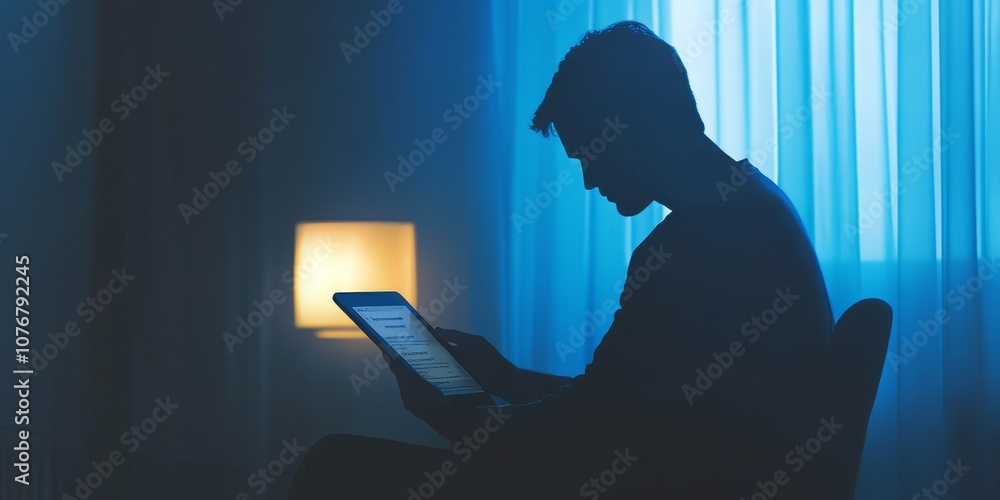 Poster a shadowy figure analyzing search results on a tablet in a minimalist environment.