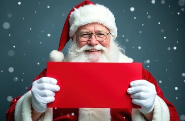 A cheerful smiling Santa in a red suit and white gloves holds a blank red sheet of paper in his...