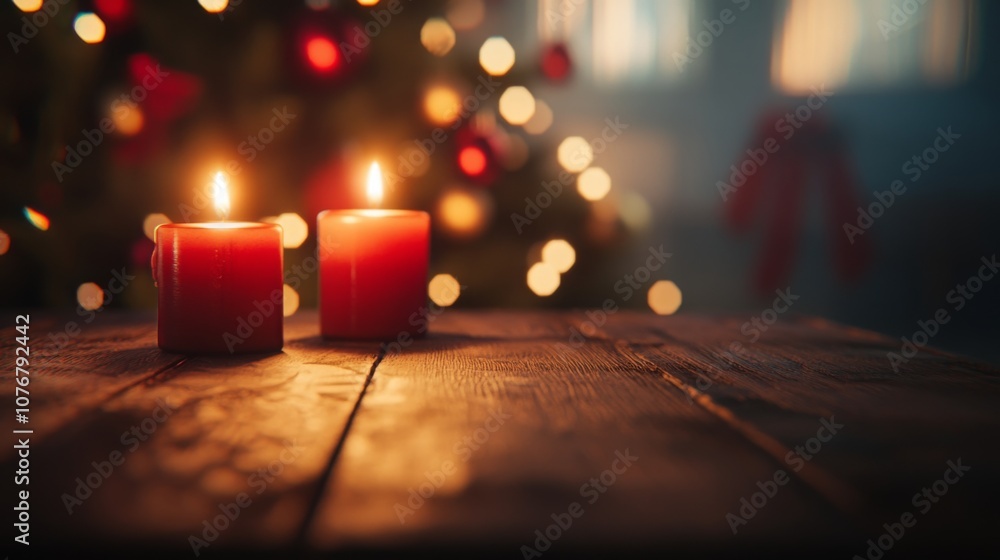 Poster two lit candles cast a warm glow on a rustic wooden table, creating a cozy atmosphere alongside a be