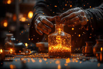 Alchemist table concept background. Wizard brew a magi potion close up background.