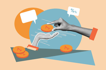 Composite photo collage of hands hold coin income bribe payment poor help percent bank loan bubble...