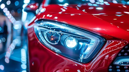 Closeup of the headlight of a modern red car