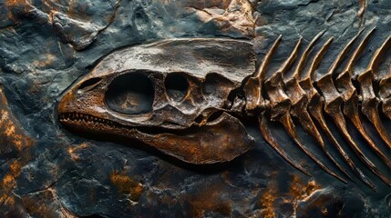 Detailed Fossil of Dinosaur Skeleton Imprinted in Rock Surface