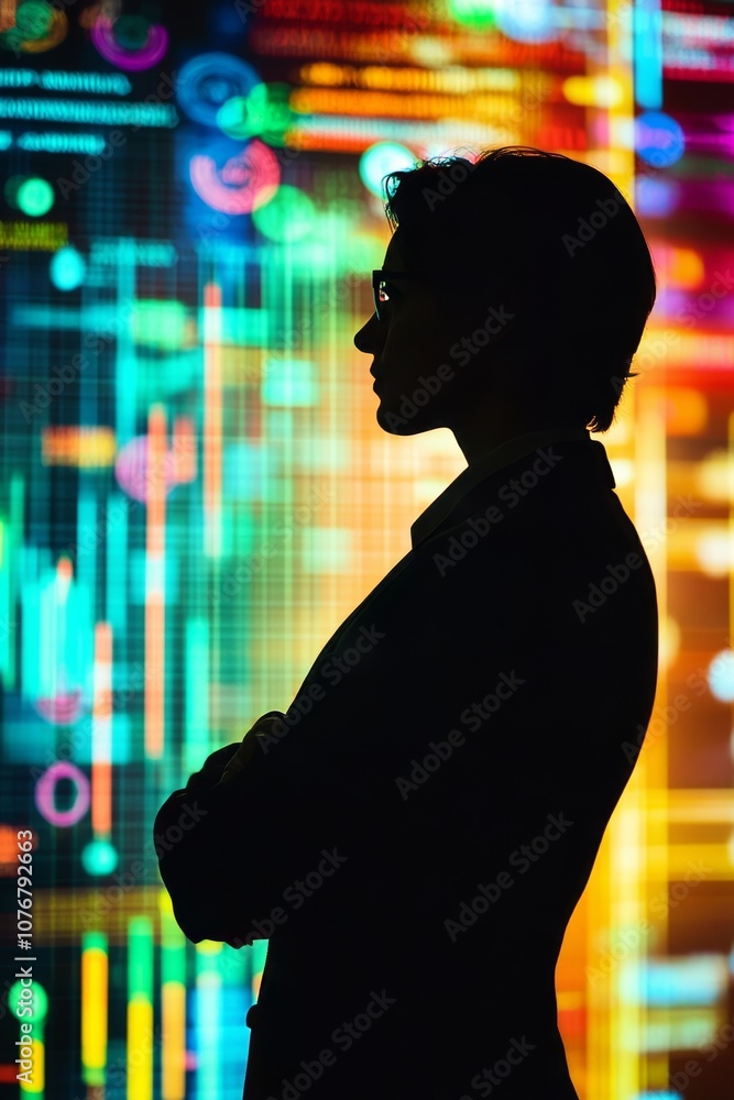 Poster silhouette of business professional analyzing data with vibrant digital interface in background