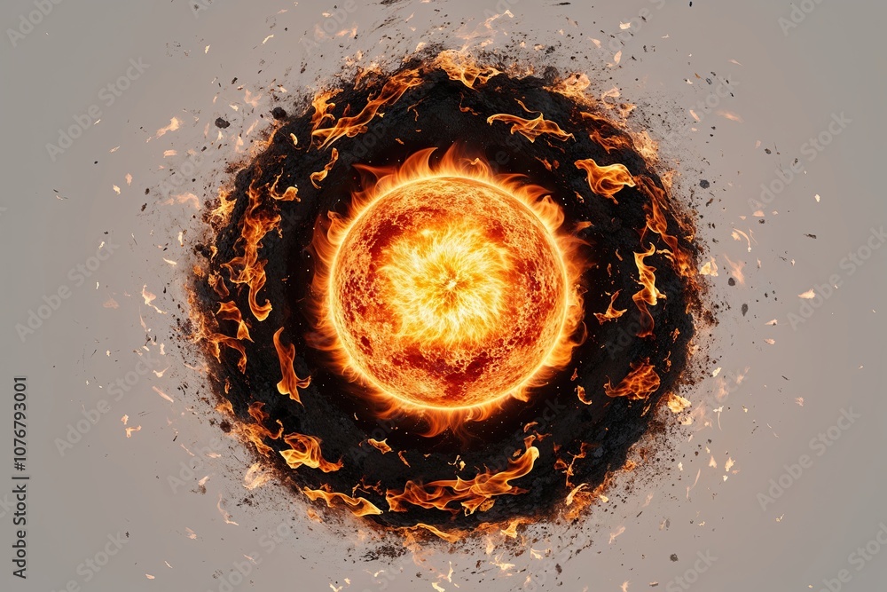 Poster vibrant fireball surrounded by dynamic embers on a luminous background for creative design and motio