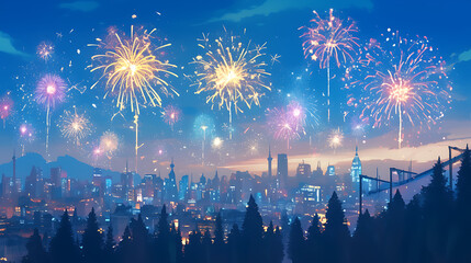 fireworks in the city new year 2d Illustration