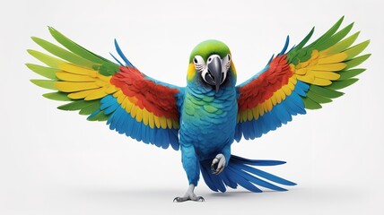 Obraz premium Smiling parrot cartoon, bright wings on a clean white background.