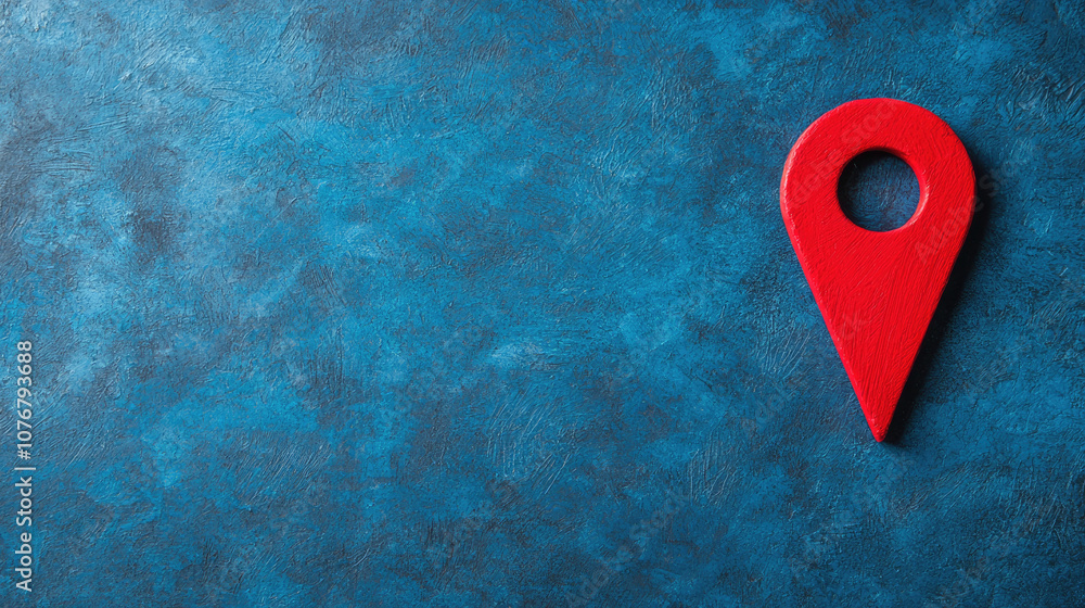 Poster red location pin on textured blue background, symbolizing navigation and mapping. this conveys sense