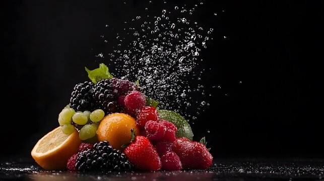 Captivating collection of fresh fruits sprinkled with water droplets against a dark backdrop. World Health Day Concept