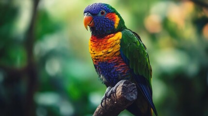 Naklejka premium Vibrant Rainbow Lorikeet Perched on a Tree Branch in Lush Jungle