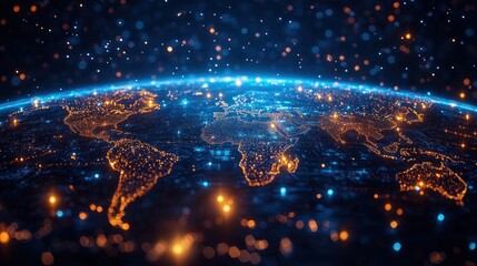 A digital representation of Earth with glowing city lights.