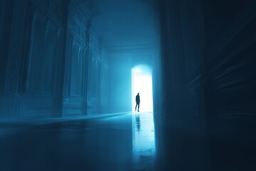 A person is standing in a hallway with a light shining on them