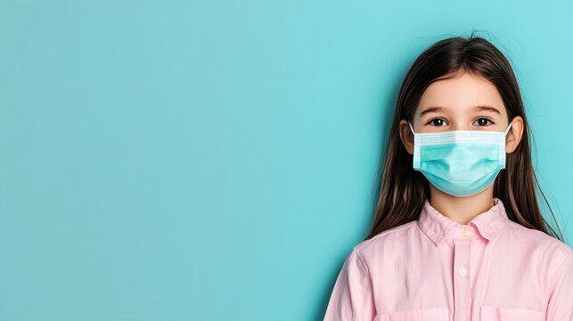 Child Wearing a Protective Mask with Calm Expression Against a Solid Blue Background. World Health Day Concept