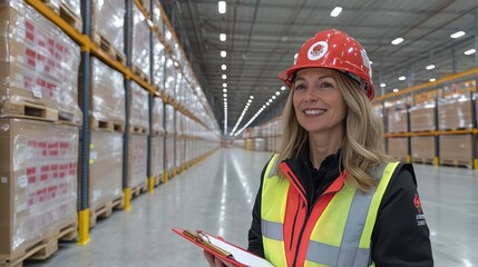 Female warehouse worker in a red hardhat smiles while looking at the camera.