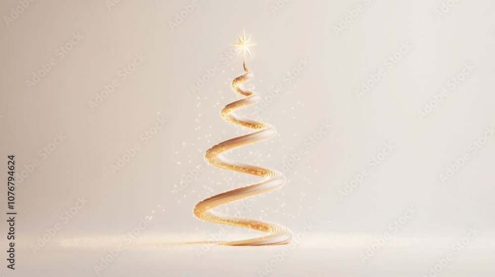 Poster a golden, spiral christmas tree with a small, bright star at its peak. it is set on a white backgrou