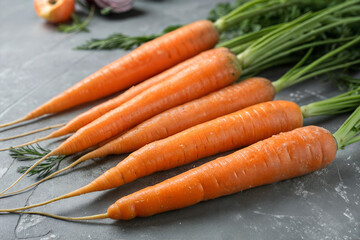 Fresh carrot bunch on grey stone table or grey background top view, copy space.