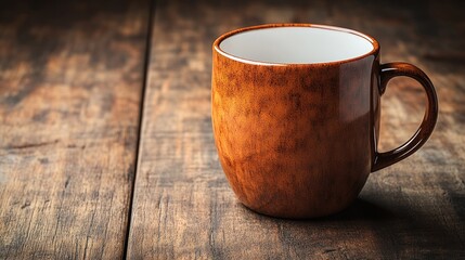 A rustic brown mug resting on a wooden table.