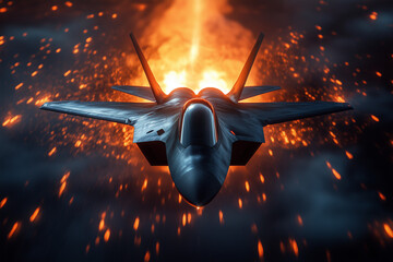 Modern fighter jet flying in the dark sky concept.