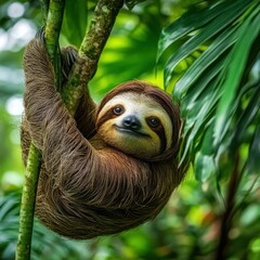 Fototapeta premium A brown sloth with a curious expression hangs from a tree branch in a lush jungle.