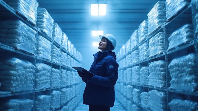 Female worker in a cold storage warehouse, checking inventory.