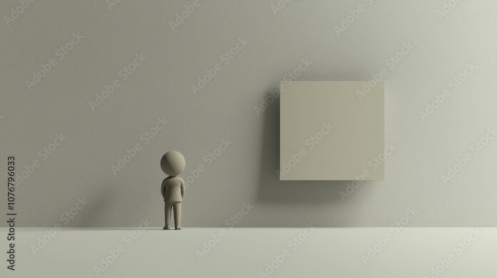 Poster minimalist scene featuring small figure standing in front of large, blank square on textured wall. c