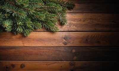 Fototapeta premium Fir branches on a wooden surface with copy space, wood