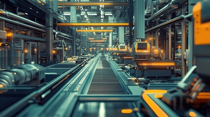 Fototapeta premium Futuristic Automated Manufacturing Line with Conveyor Belt and Robotic Arms