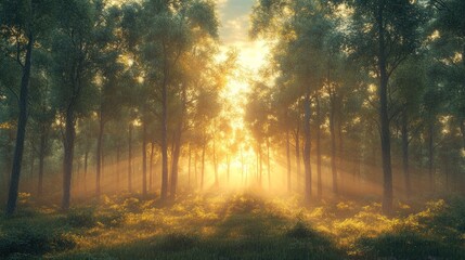 Obraz premium A serene forest scene illuminated by sunlight through trees.