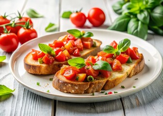 Delicious Bruschetta with Fresh Tomatoes and Basil on Crusty Bread, Perfect for Appetizers, Snacks, or Finger Foods, Set Against a Clean White Background for Culinary Inspiration