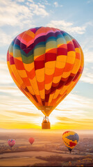 Fototapeta premium Hot air balloons ascend into the evening sky, showcasing their vibrant colors as the sun sets over the horizon