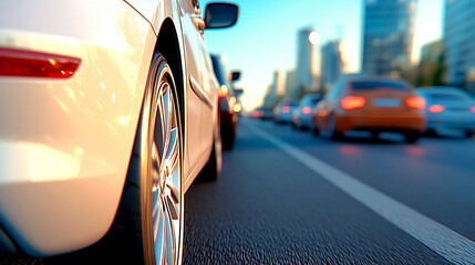 Rush hour traffic jam on a major highway. Cars in line. Severe auto traffic congestion in the city