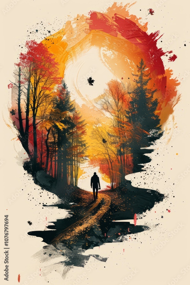 Poster a man is walking through a forest with trees in the background