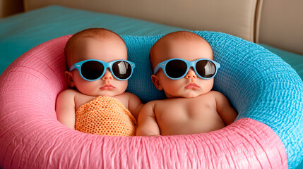 Two month old twin babies, sister and brother sleeping on tiny, inflatable, pink and blue swim rings. They are wearing crocheted swimsuits and sunglasses