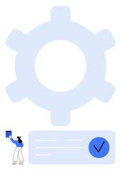 Obraz premium Person marking a checklist with a blue checkmark in front of a large blue gear. Ideal for productivity, task management, project planning, efficiency, organization, workflow optimization, teamwork