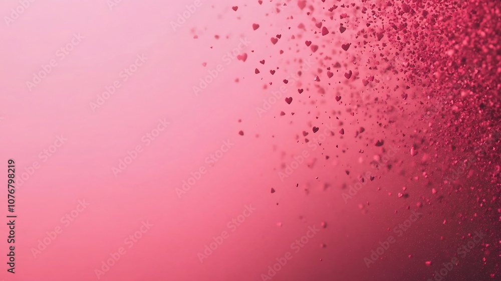Poster romantic soft pink and red gradient background with scattered heart shapes and subtle glow