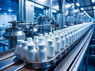 Obraz premium Documentary Photography of Medicine Production Process: White Bottles Moving on Conveyor Belt for Twisting in a Modern Pharmaceutical Factory Setting