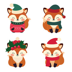 Collection of cute Christmas Fox decorative elements design for Christmas.