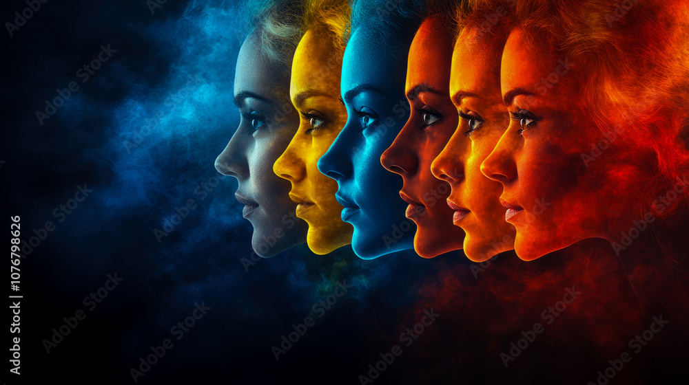 Poster profiles of individuals are artistically arranged, displaying a spectrum of colors and emotions that