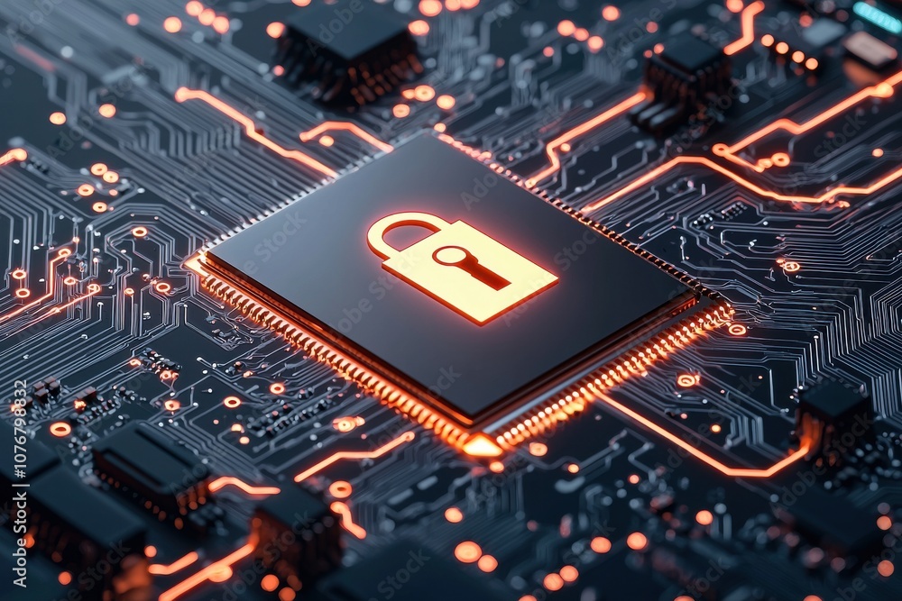 Poster a close-up of a microchip with a padlock symbol, representing cybersecurity and digital protection i