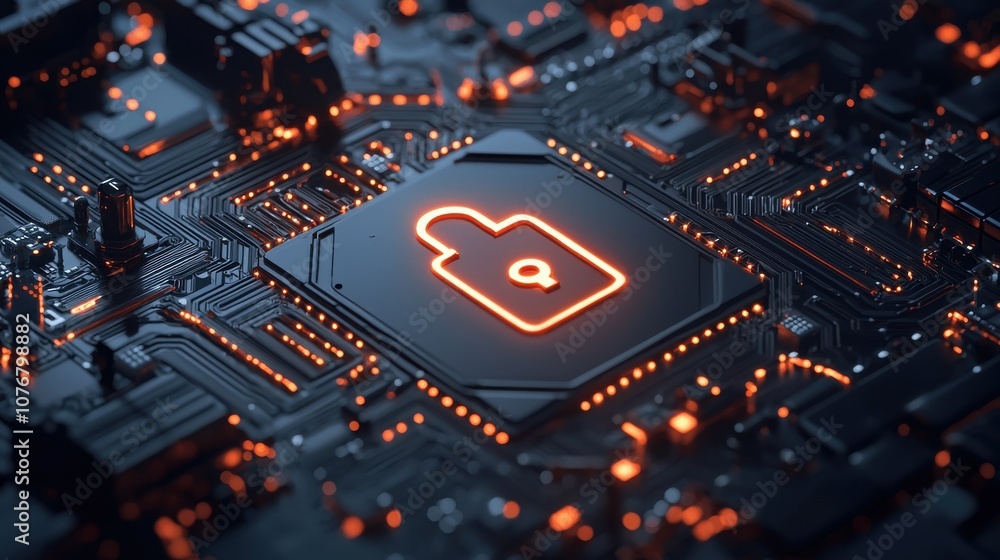 Poster a close-up of a circuit board featuring a glowing lock symbol, representing digital security and cyb