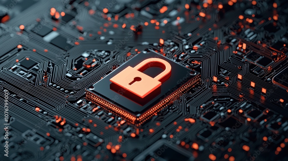 Poster a digital lock symbolizing cybersecurity rests on a circuit board background, representing data prot
