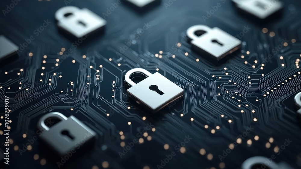 Poster a modern digital backdrop featuring numerous padlocks arranged over a circuit-like design, symbolizi