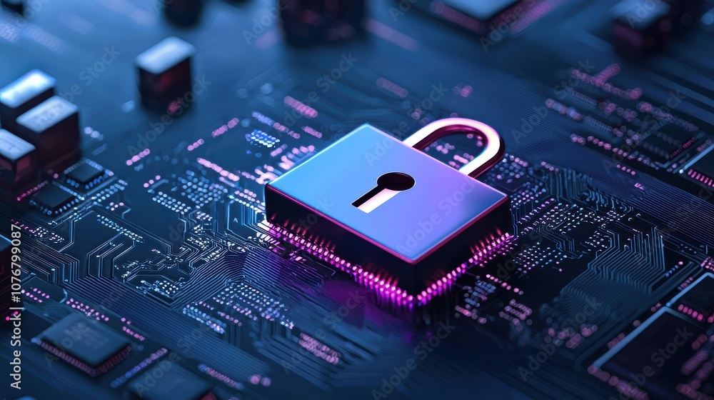 Poster a modern lock sits on a digital circuit board, symbolizing cybersecurity and data protection in a te