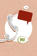Vertical photo collage of old-fashioned telephone handset telecommunication bubble hi greeting talk isolated on painted background