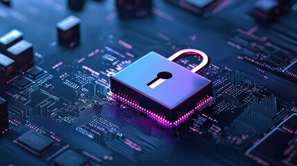 A modern lock sits on a digital circuit board, symbolizing cybersecurity and data protection in a technological environment.