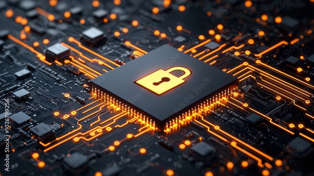 Poster a visually striking microchip with a padlock icon, symbolizing cybersecurity and data protection, il