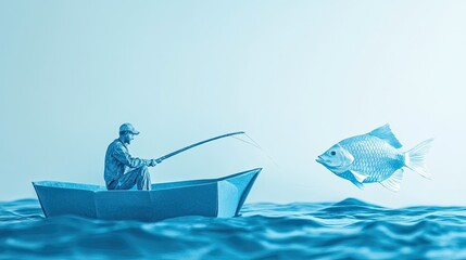 A Paper Boat Fisherman Attempts to Catch a Large Fish