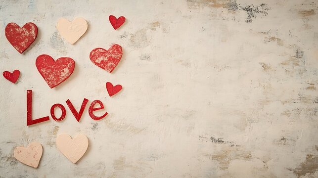 Fototapeta Vintage Textured Paper with Handmade Hearts and Love Inscriptions in Warm Hues