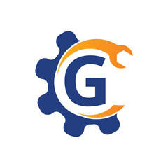 Letter G wrench and Gear Logo for mechanical, technology, repair service, automotive business, Construction Repair Logo Vector Template